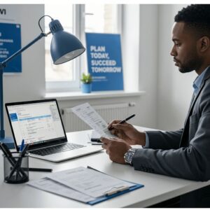 Man working at desk with laptop
