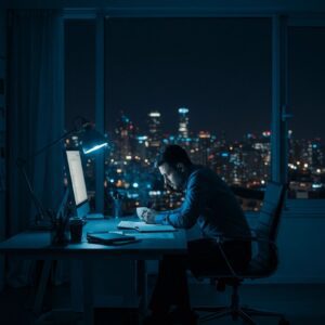 Nighttime cityscape through office window