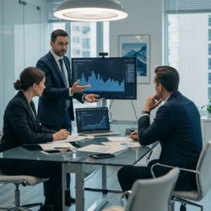Team analyzing market trends in office