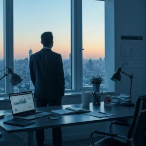 Professional workspace with cityscape background