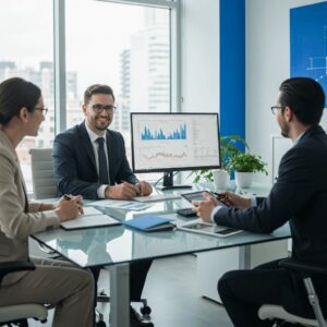 Professionals discussing data in office