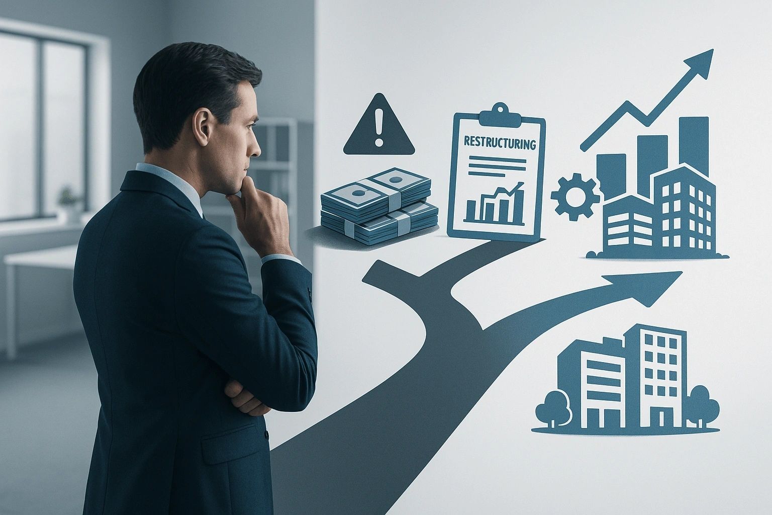 Man analyzing business restructuring paths