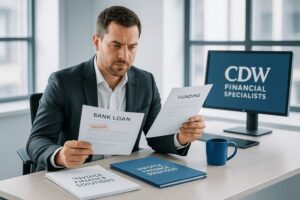 Businessman analyzing bank loan and funding papers