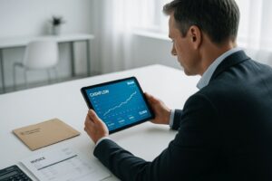 Businessman reviewing investment graph on tablet