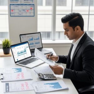Businessman analyzing financial reports at desk