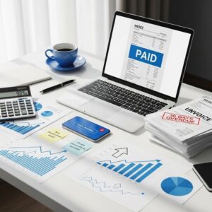 Office desk with financial documents