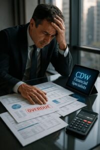 Stressed businessman reviewing overdue financial documents