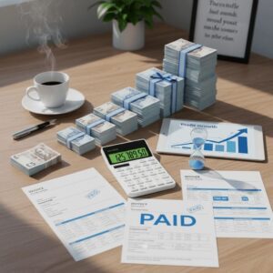 Calculator and invoices on desk