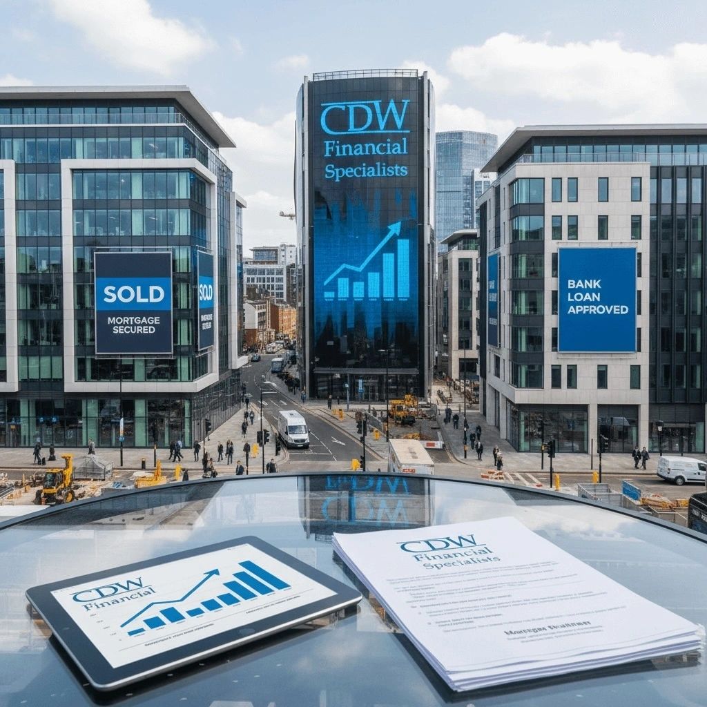 Modern financial district with digital screens