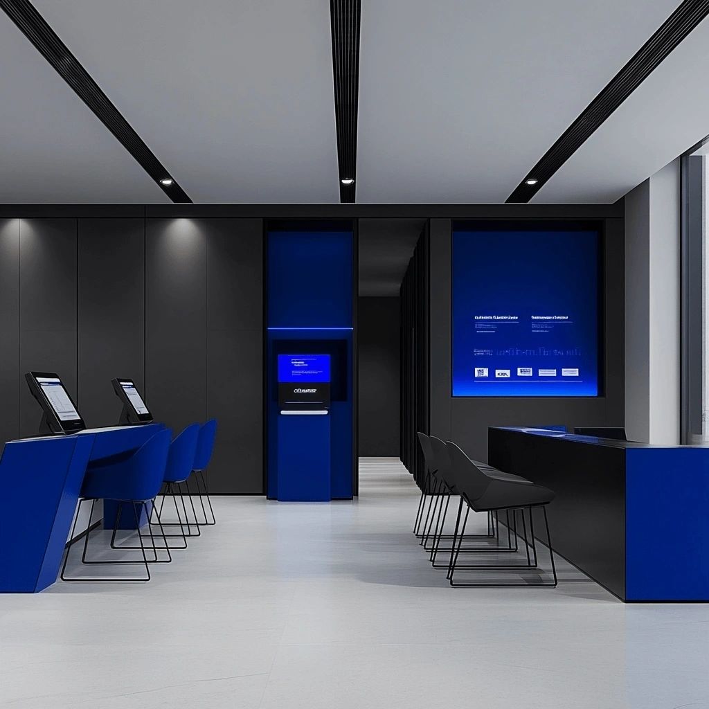 Sleek interior design featuring blue chairs
