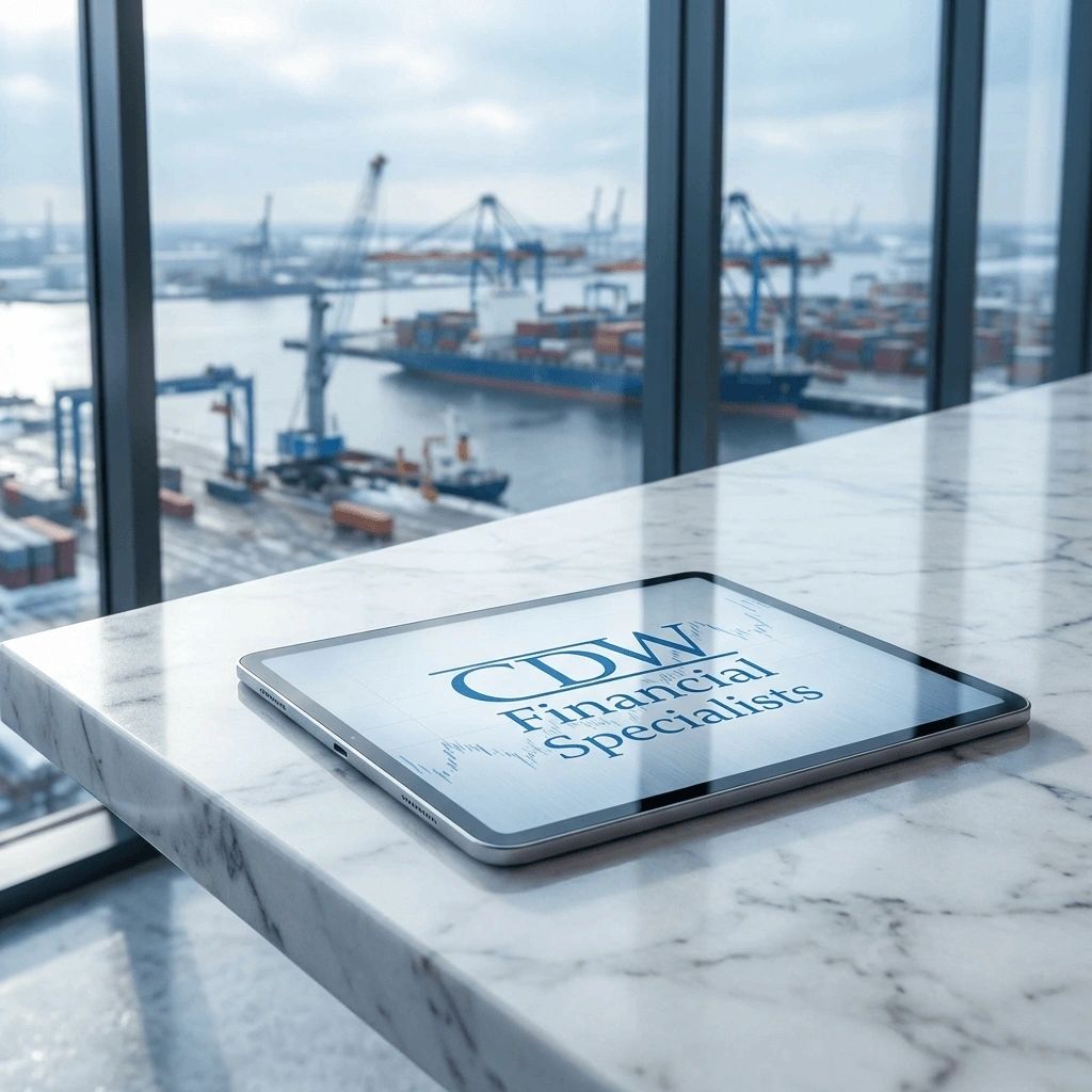 Financial tablet by window with shipping view