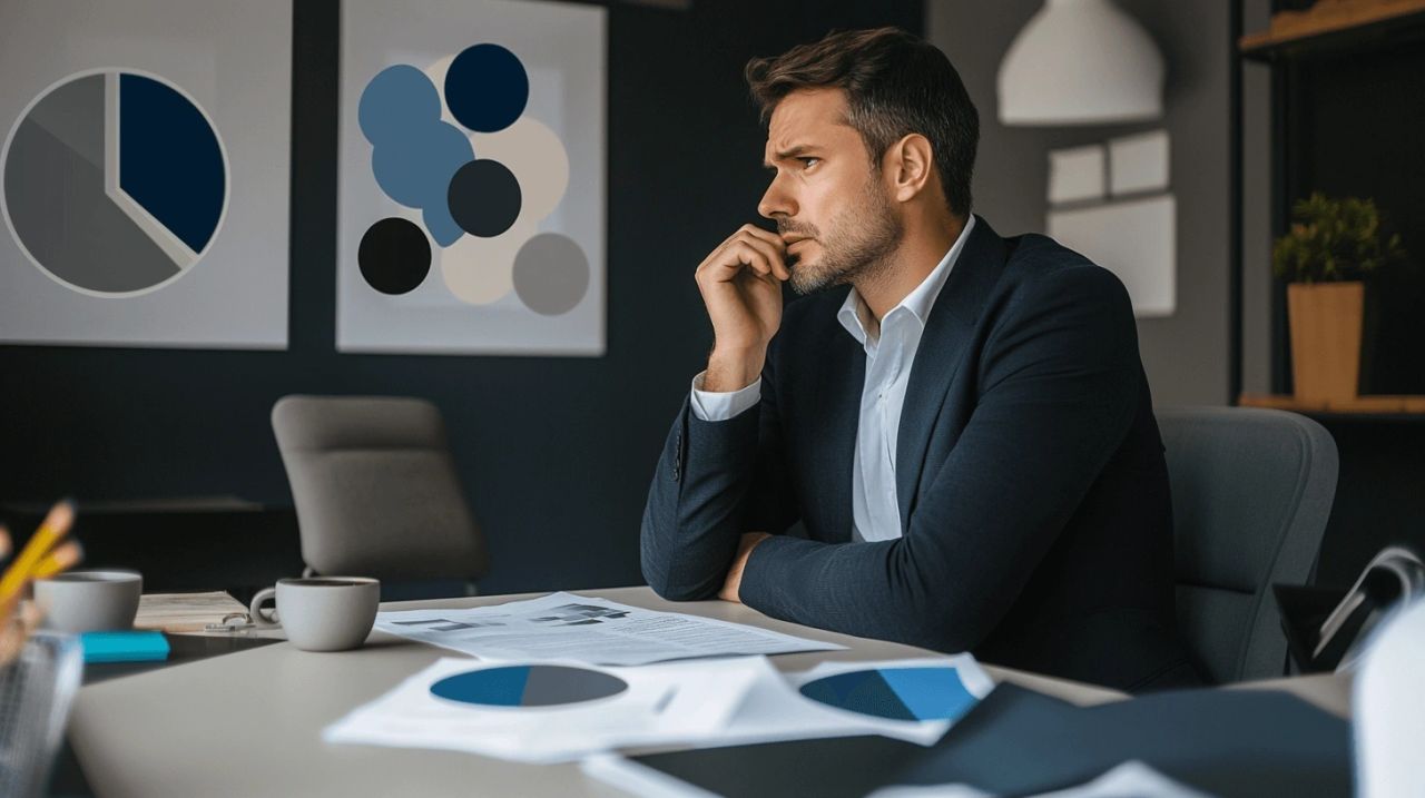 Businessman thinking with charts around
