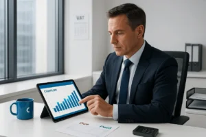 Professional examining tablet with financial charts