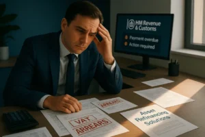 Man stressed over tax documents at desk.