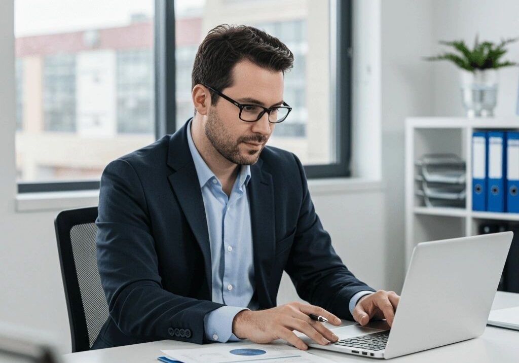 Businessman focused on computer screen