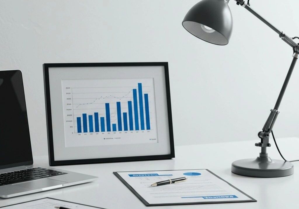 Office desk with graph and lamp
