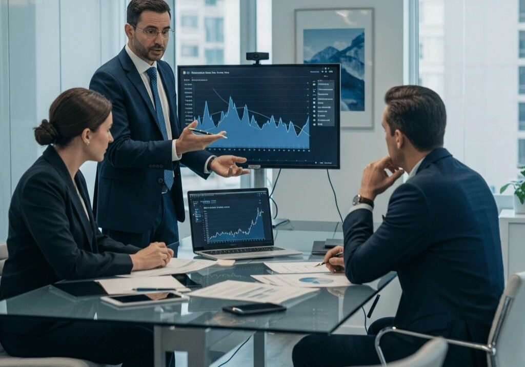Team analyzing market trends in office