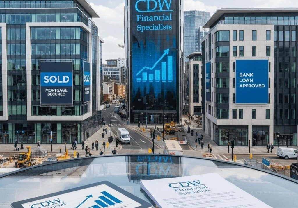 Modern financial district with digital screens