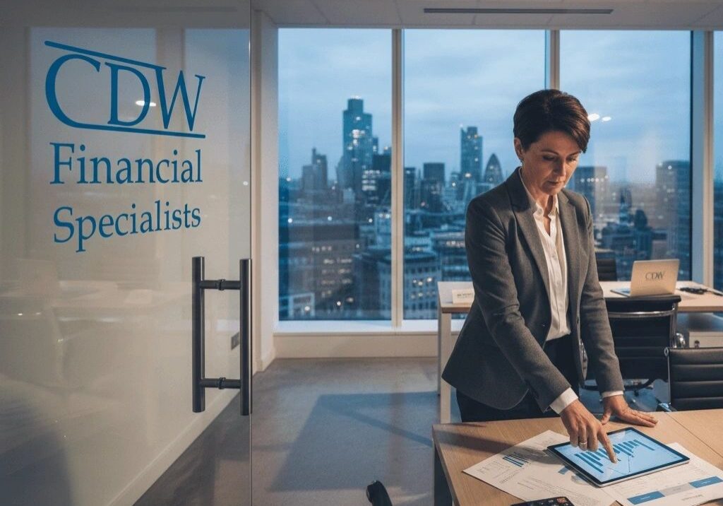 Businesswoman working in office with city view