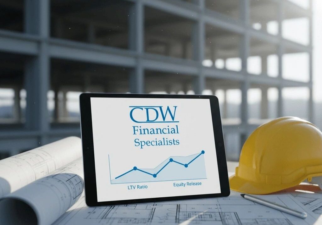 Construction plans, tablet, and hard hat