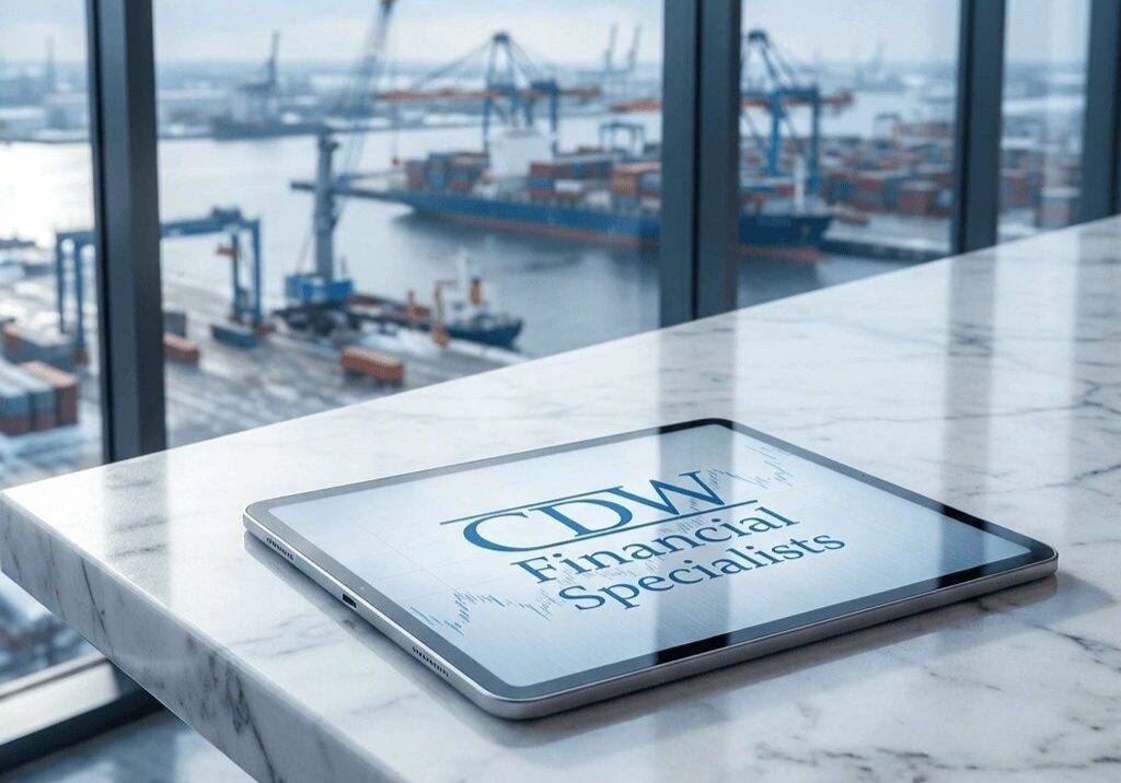 Financial tablet by window with shipping view