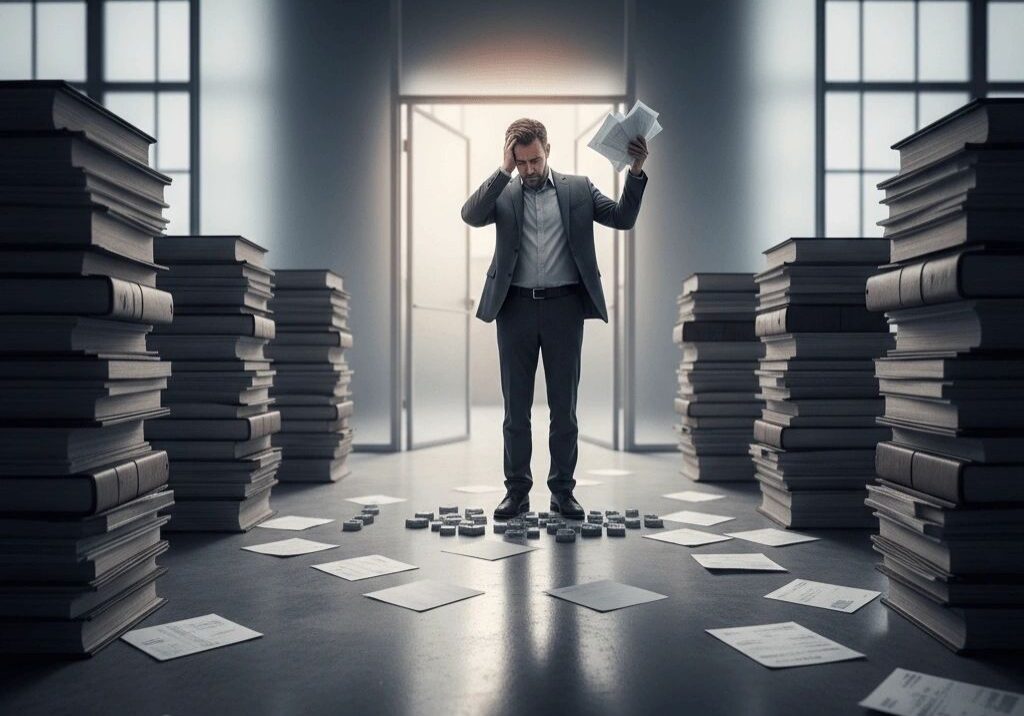 Overwhelmed man in office with documents