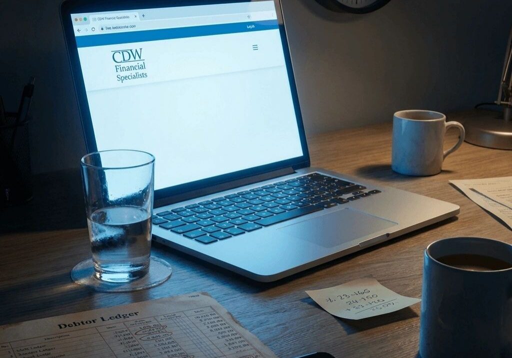 Laptop on desk with financial documents