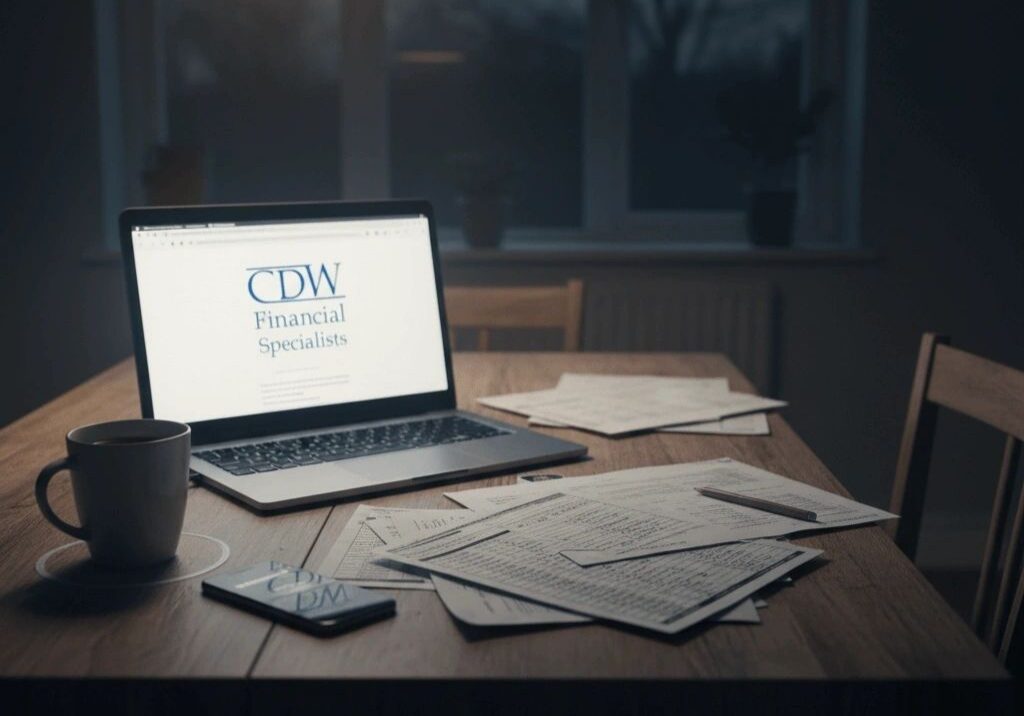 Laptop and documents on wooden table