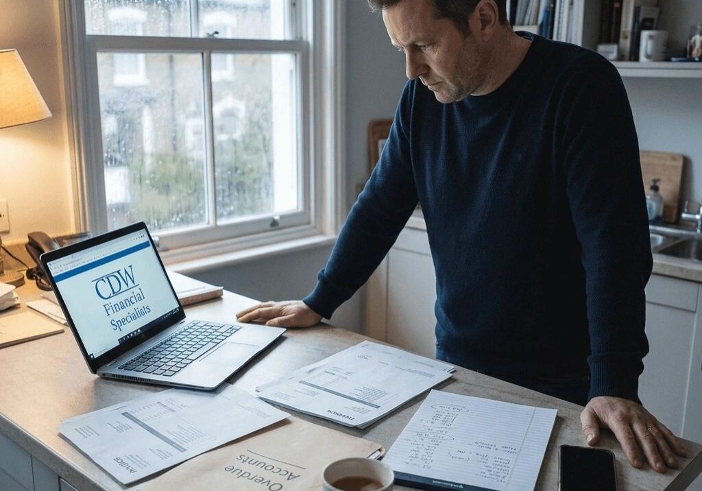 Home office setup with laptop and papers