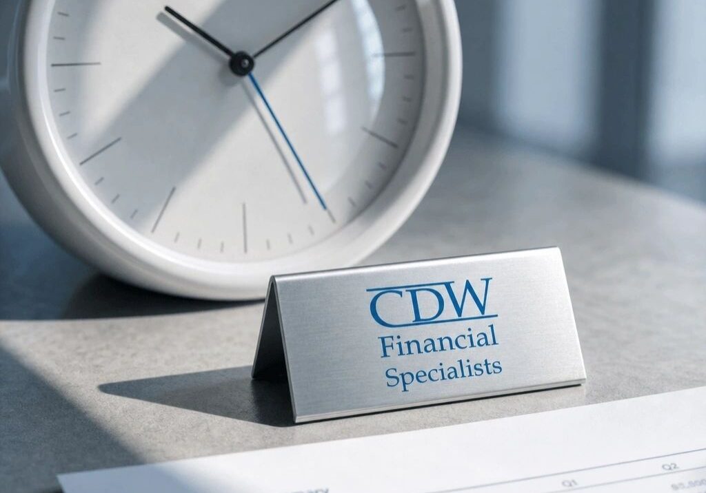 Business desk setup with clock and document