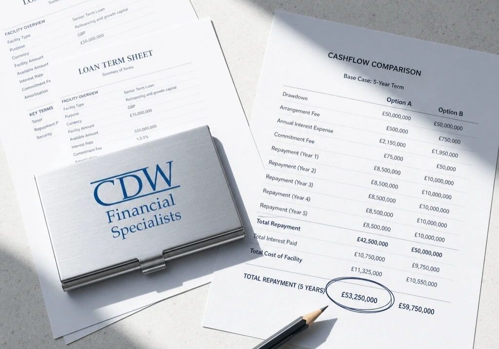 Financial documents and business card on table