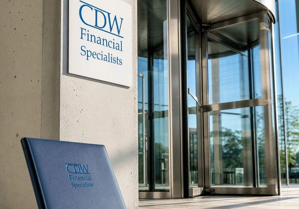 Financial office entrance with signage